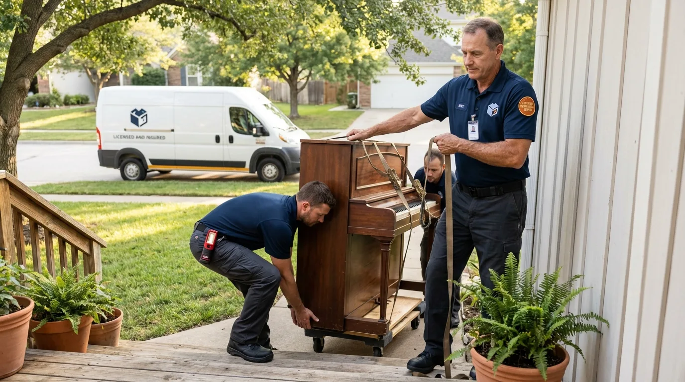 Licensed piano movers securing grand piano in Ault, CO