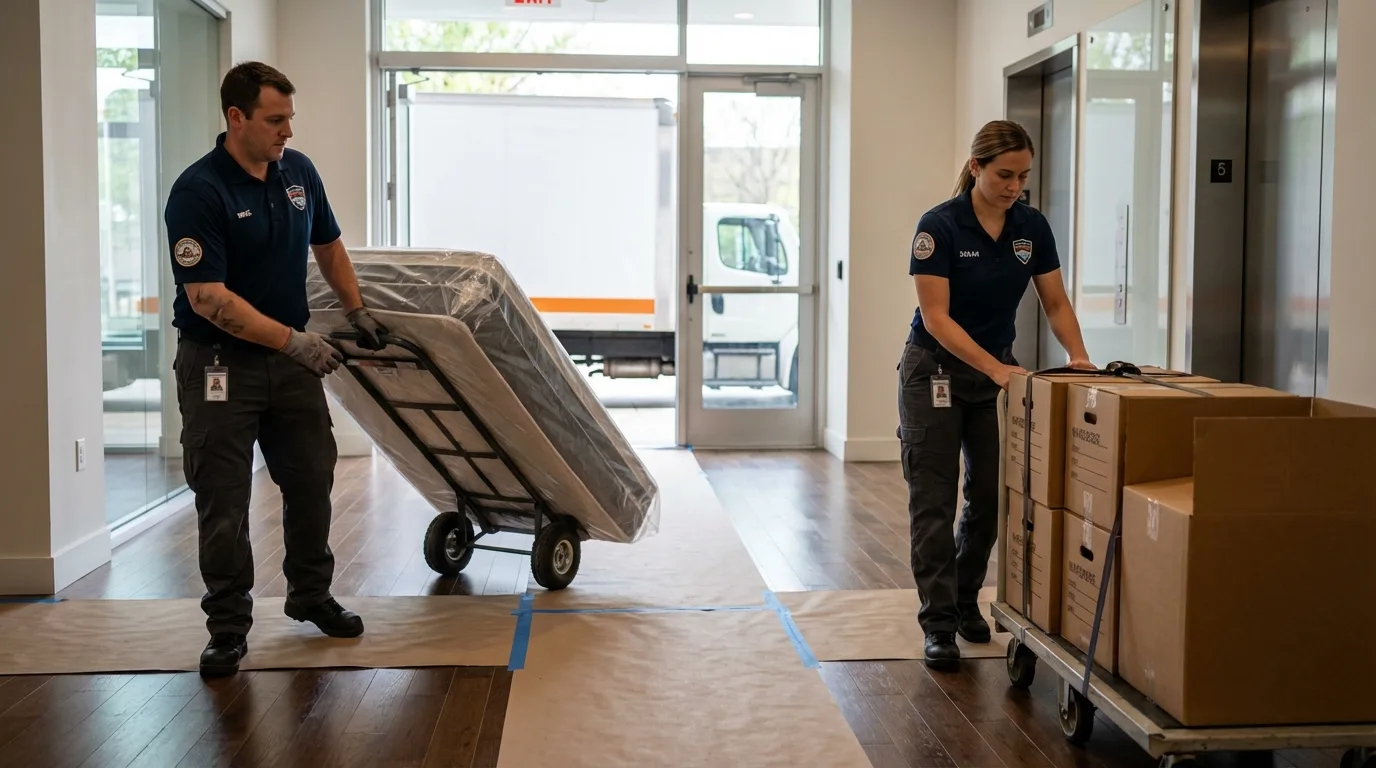 Professional apartment movers loading elevator in Ault, CO